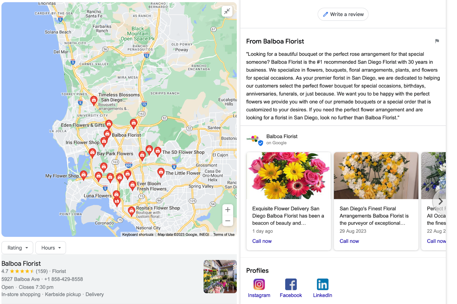 Google Business profile from a florist in San Diego