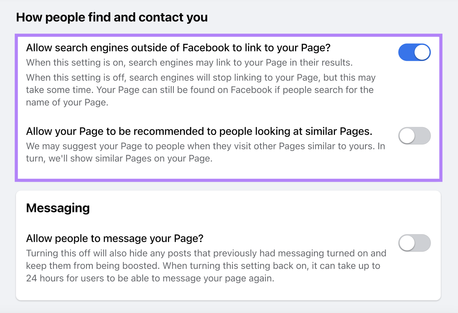 allow search engines outside of facebook to link to your page option is highlighted