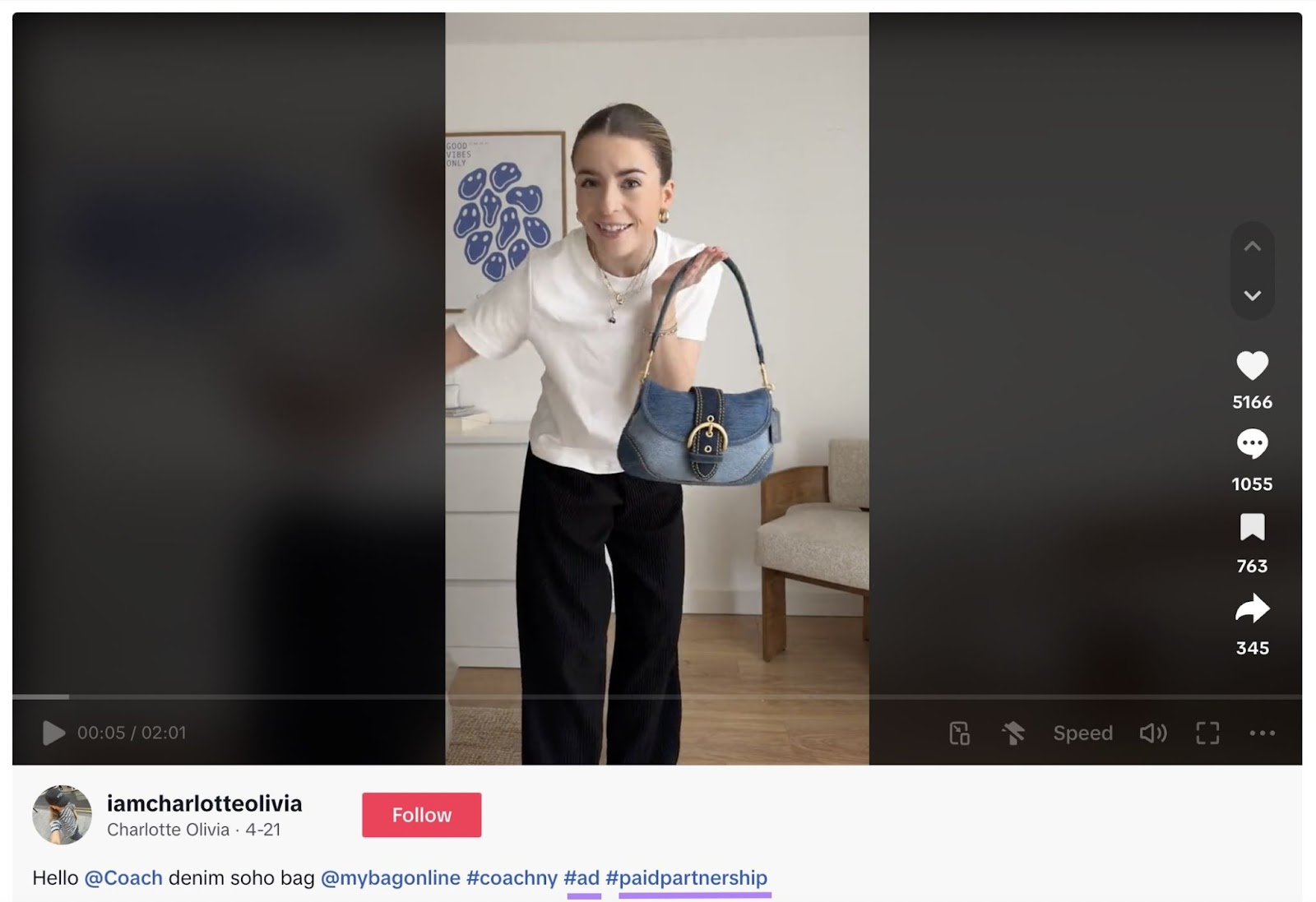 TikTok sponsored ad by iamcharlotteolivia with a woman holding a denim bag