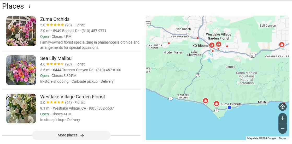 Google’s Local Pack results for florists