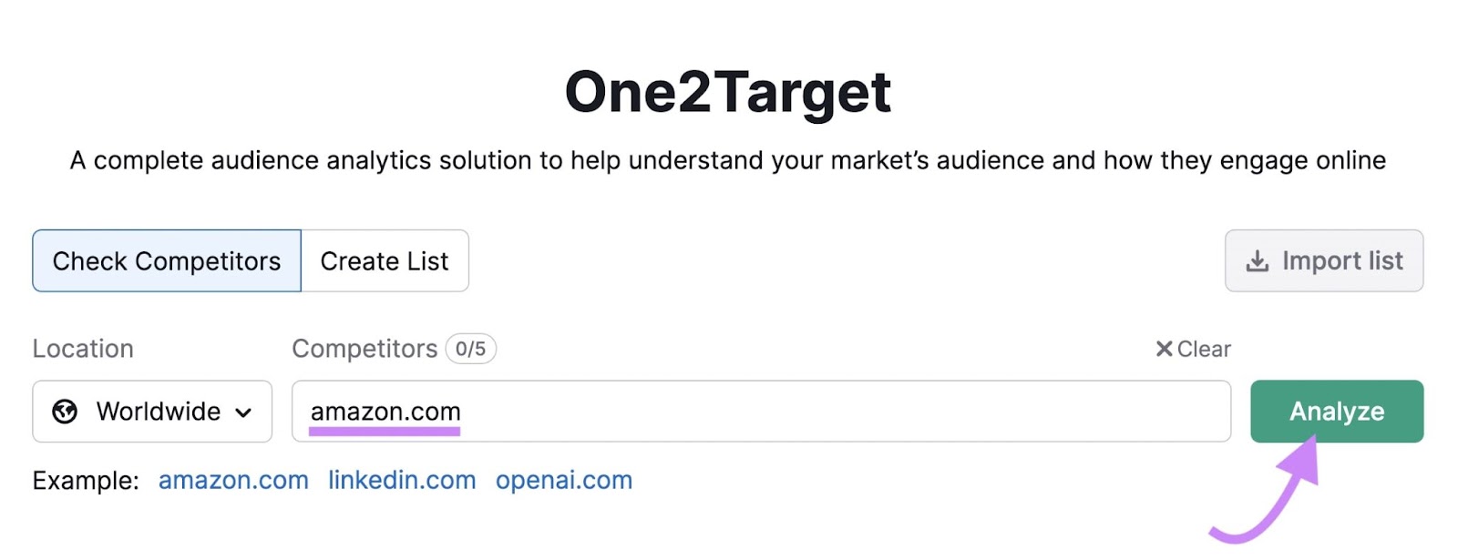"amazon.com" entered into the One2Target search bar