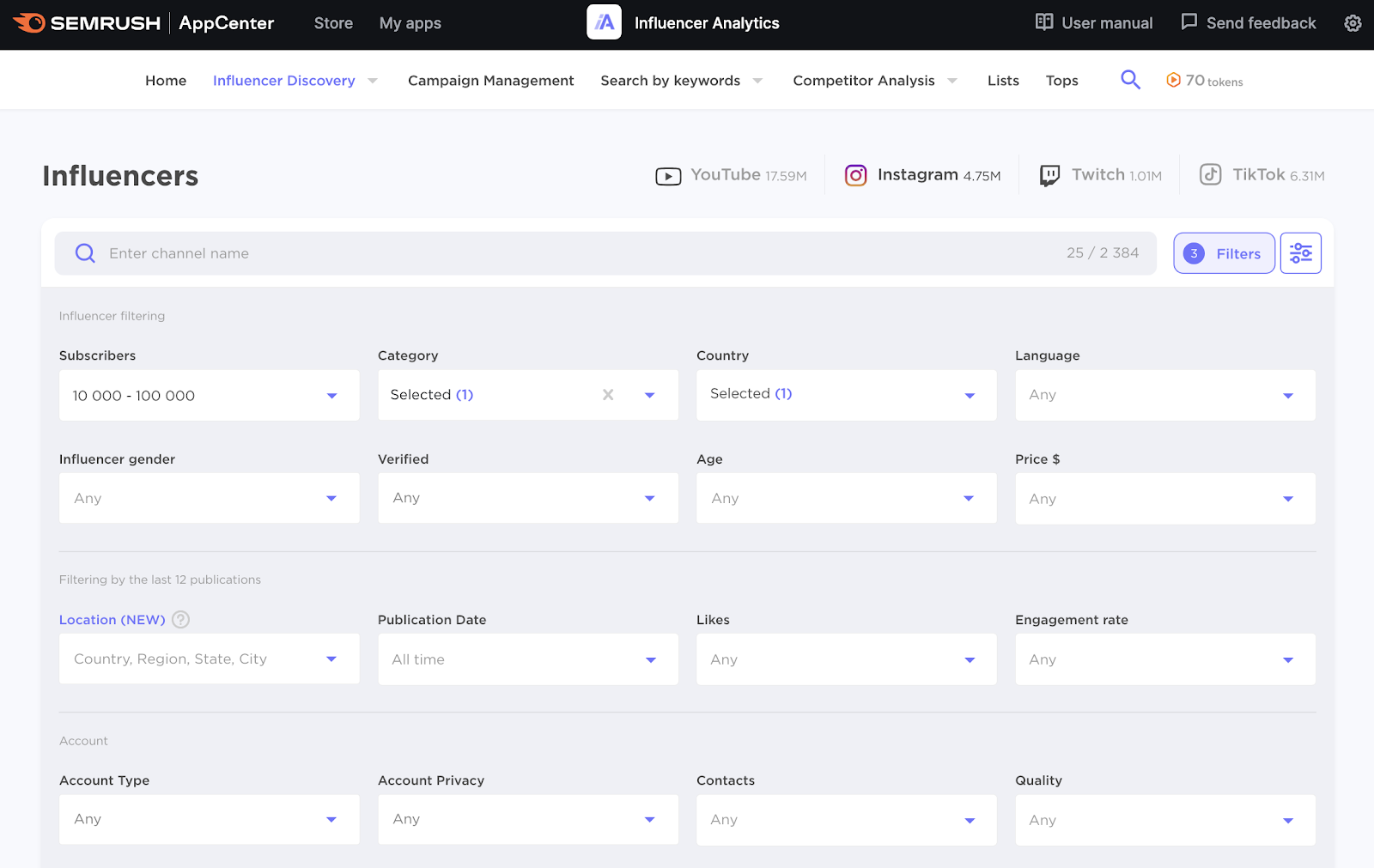 Semrush Influencer Analytics tool interface with various search filters for discovering influencers on various platforms