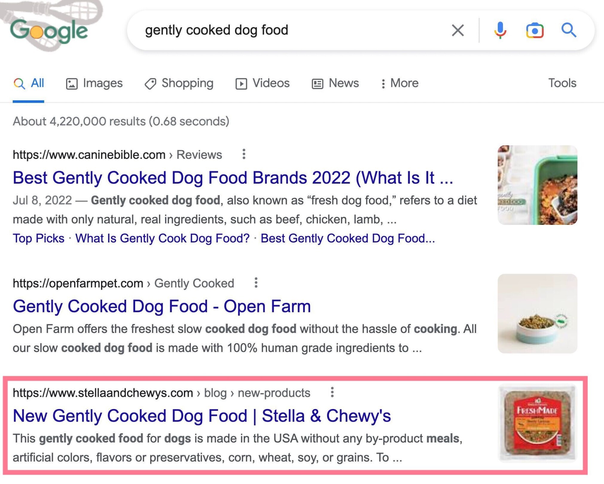 Stella & Chewy's blog post ranks #3 for "gently-cooked dog food"