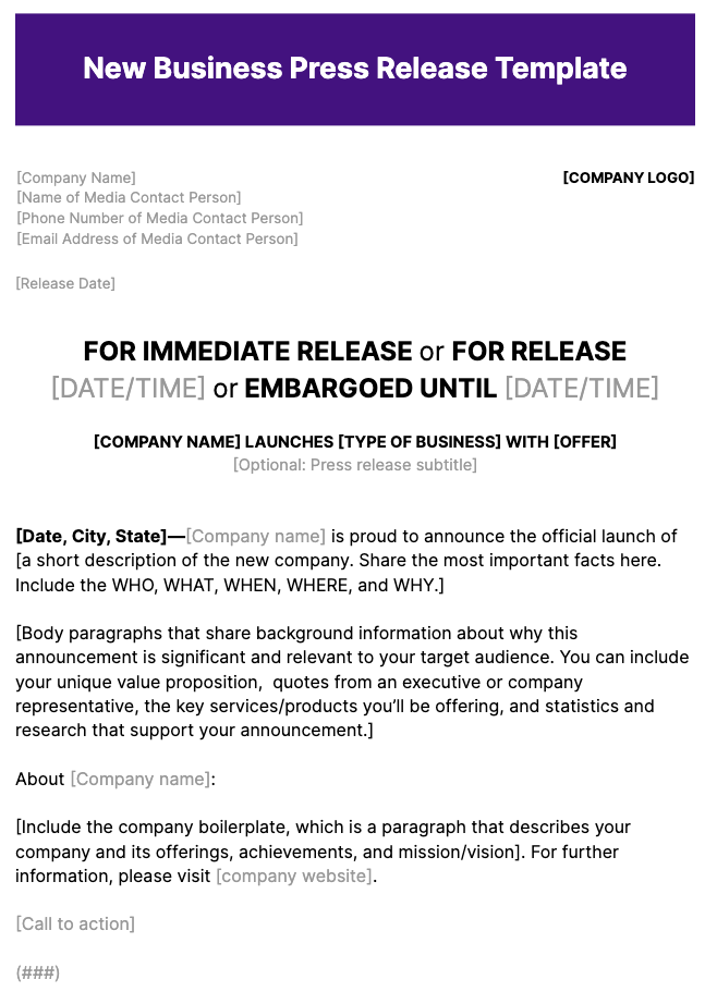 New Business Press Release Template