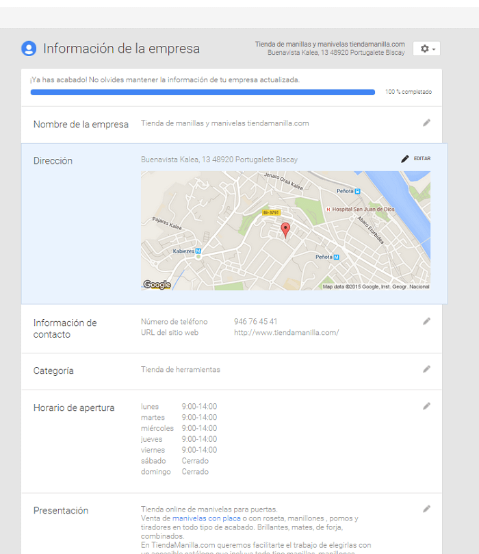 Google My Business Información de empresa
