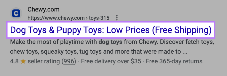 " Toys & Puppy Toys: Low Prices (Free Shipping)" title tag highlighted on search results
