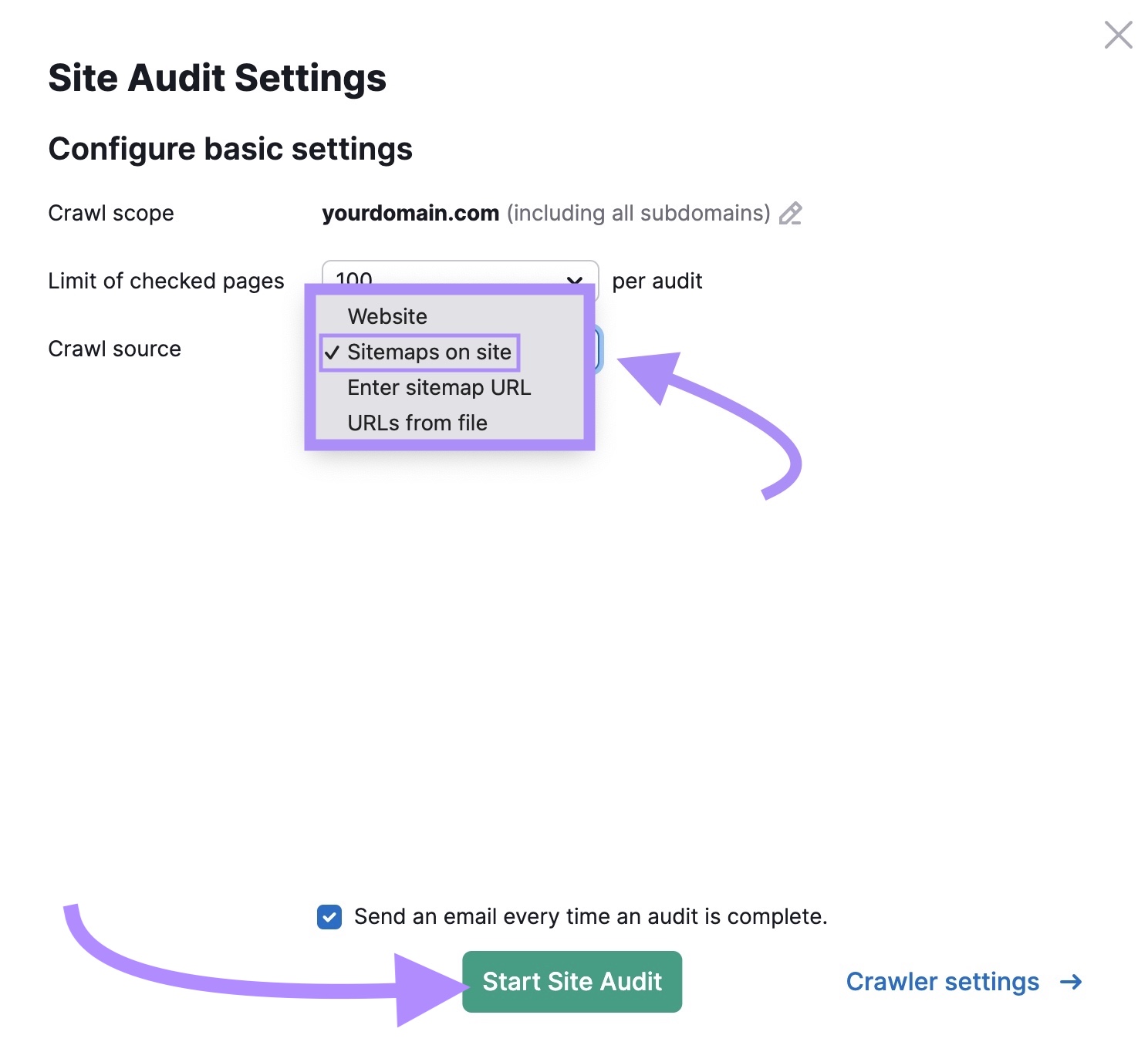 "Sitemaps on site" option selected in "Crawl source" menu in Site Audit tool settings
