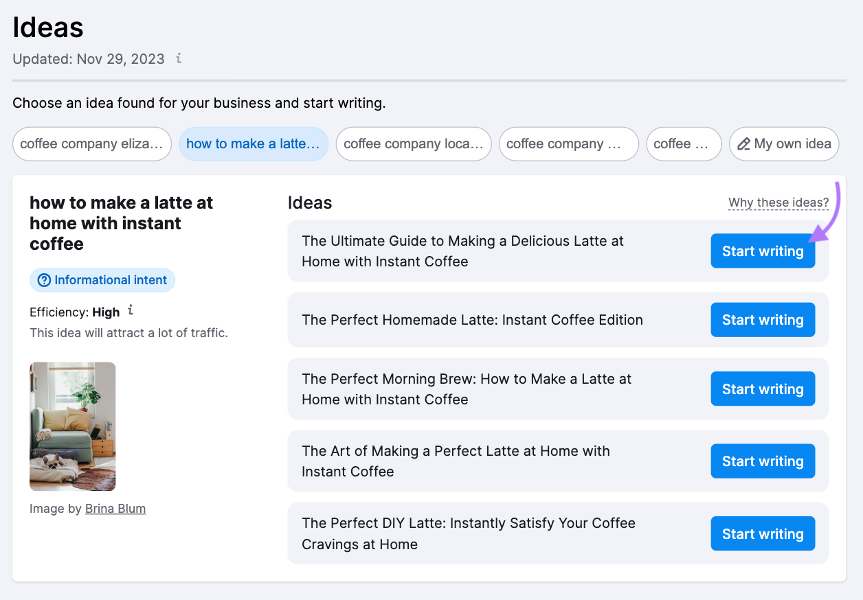 "Star writing" button highlighted next to "The ultimate guide to making a delicious latte at home with instant coffee" idea in ContentShake AI