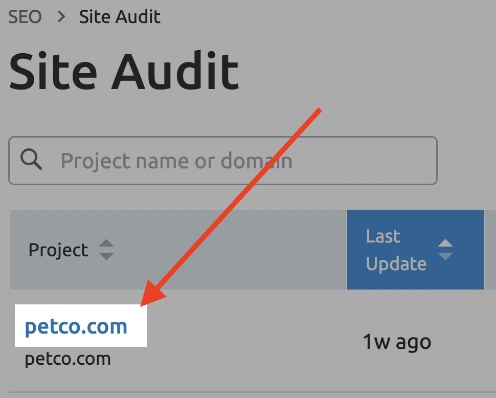 Choosing a project in Site Audit