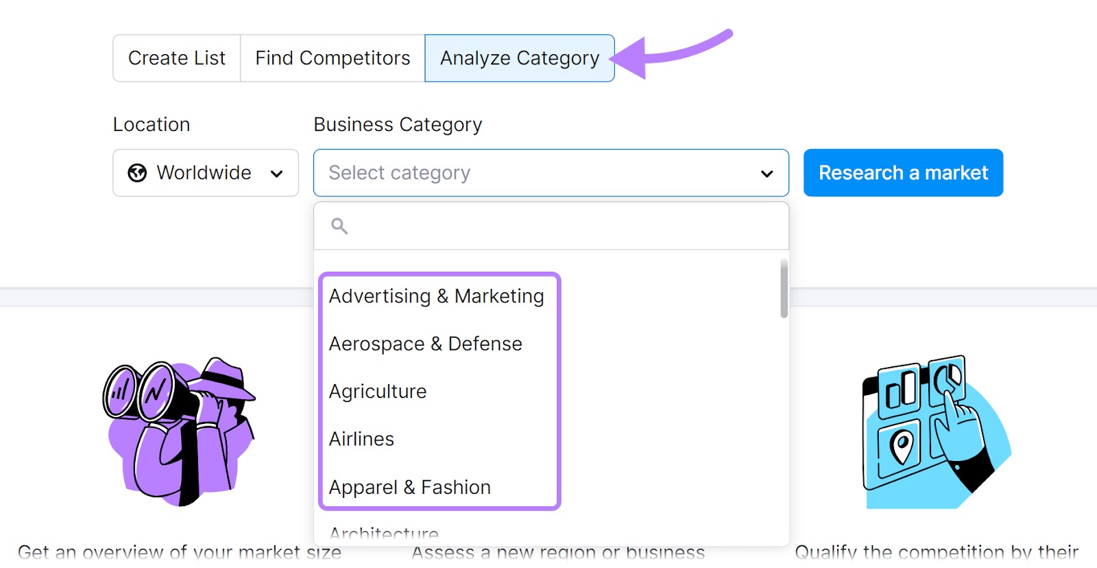 "Analyze Category" drop-down menu in Market Explorer tool