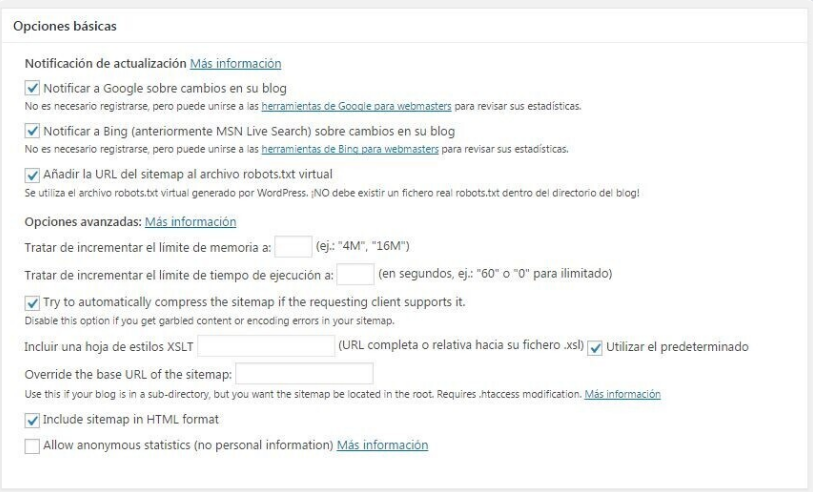 Google XML Sitemap plugin opciones básicas