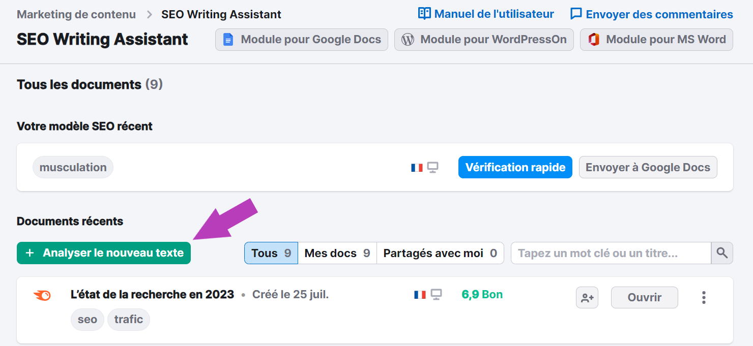 Bouton Analyser le nouveau texte dans SEO Writing Assistant