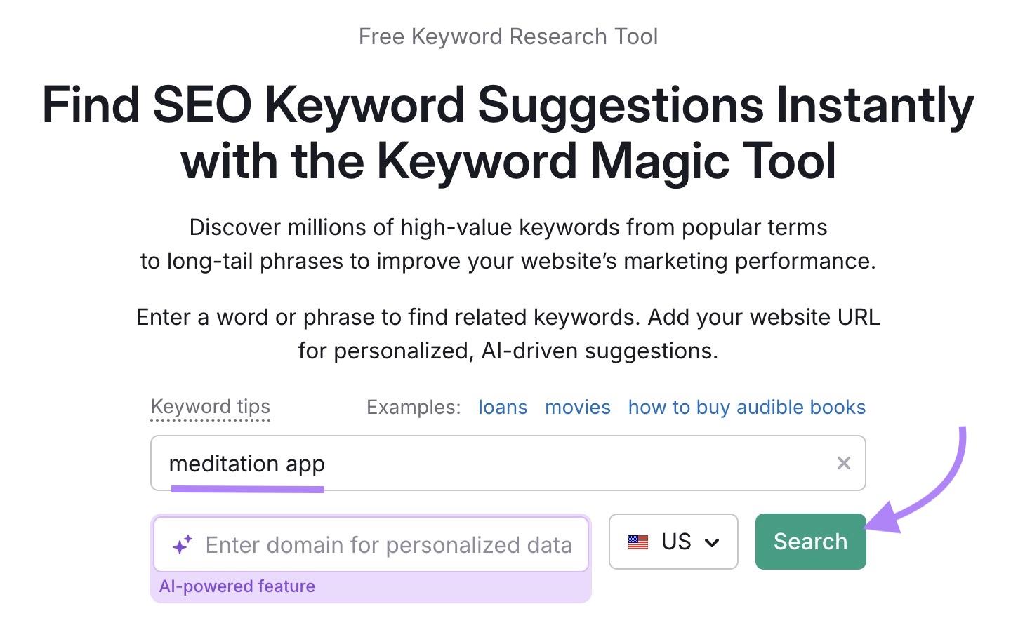 Keyword Magic Tool with "meditation app" entered and "Search" clicked.