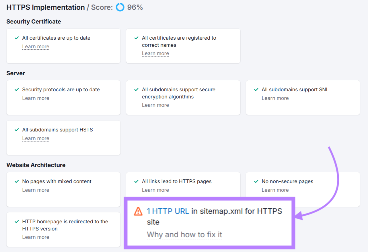 The error says, "1 HTTP URL in sitemap.xml for HTTPS site."