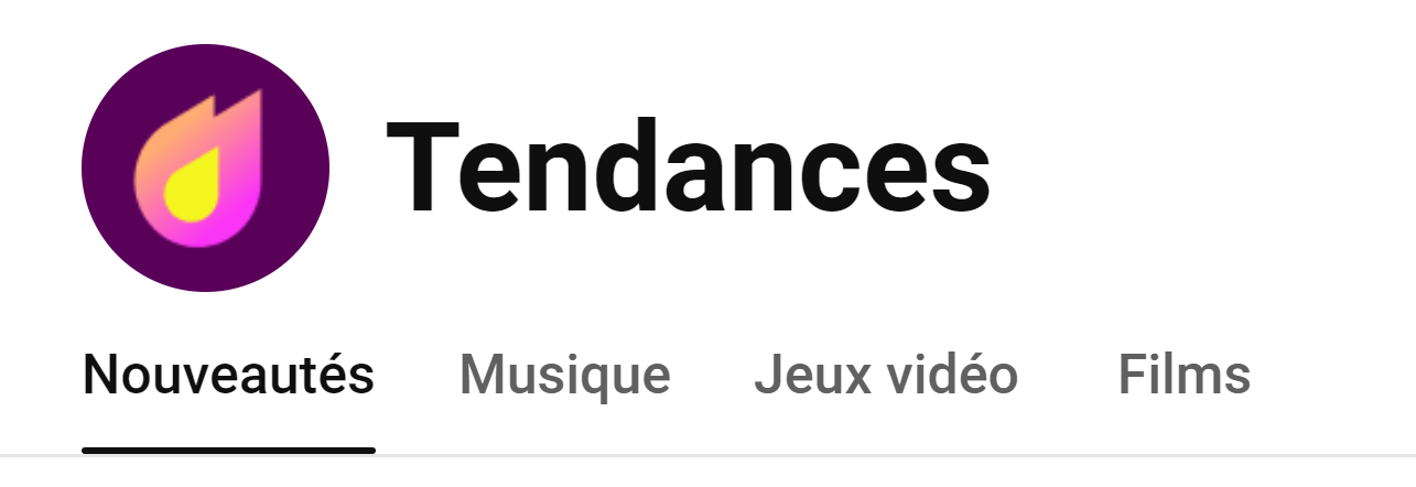 Différentes catégories de la page Tendances de YouTube : Nouveautés, Musique, Jeux vidéo, Films