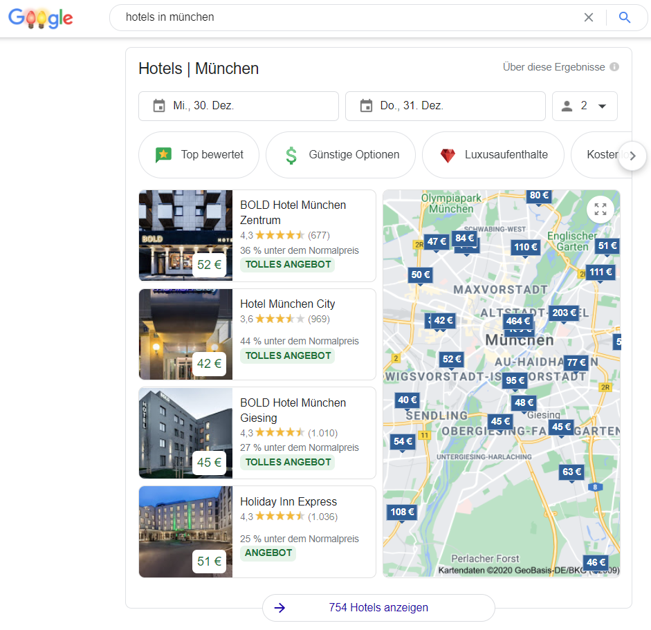 SERP-Funktion Hotels