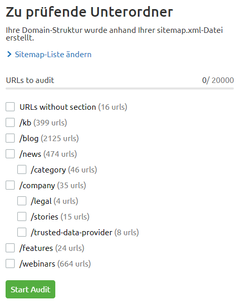 Verzeichnisse für das Content-Audit