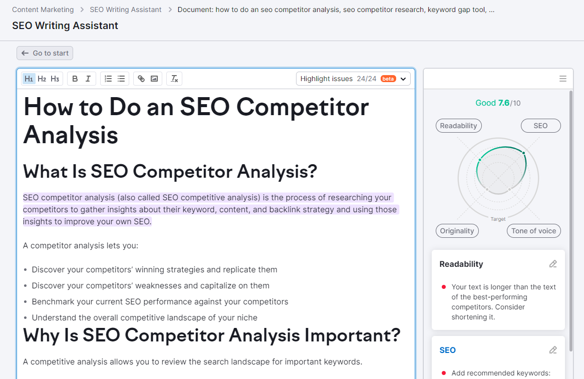 SEO Writing Assistant editor with the scores on the right side