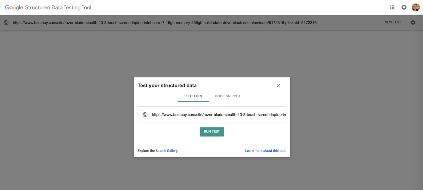 A screenshot of the first page a user will see when starting the Google Structured Data Testing Tool