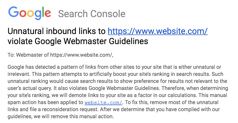 An example of manual action notification in Google Search Console