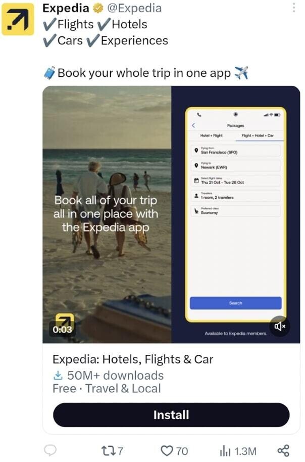 un ejemplo de un anuncio de Twitter de Expedia