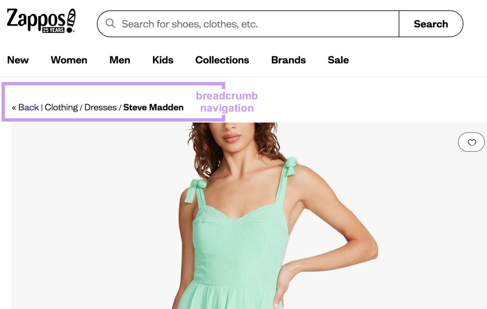 Zappos website showing a pistillate   successful  a greenish  formal  and the highlighted breadcrumb navigation for Steve Madden clothing.