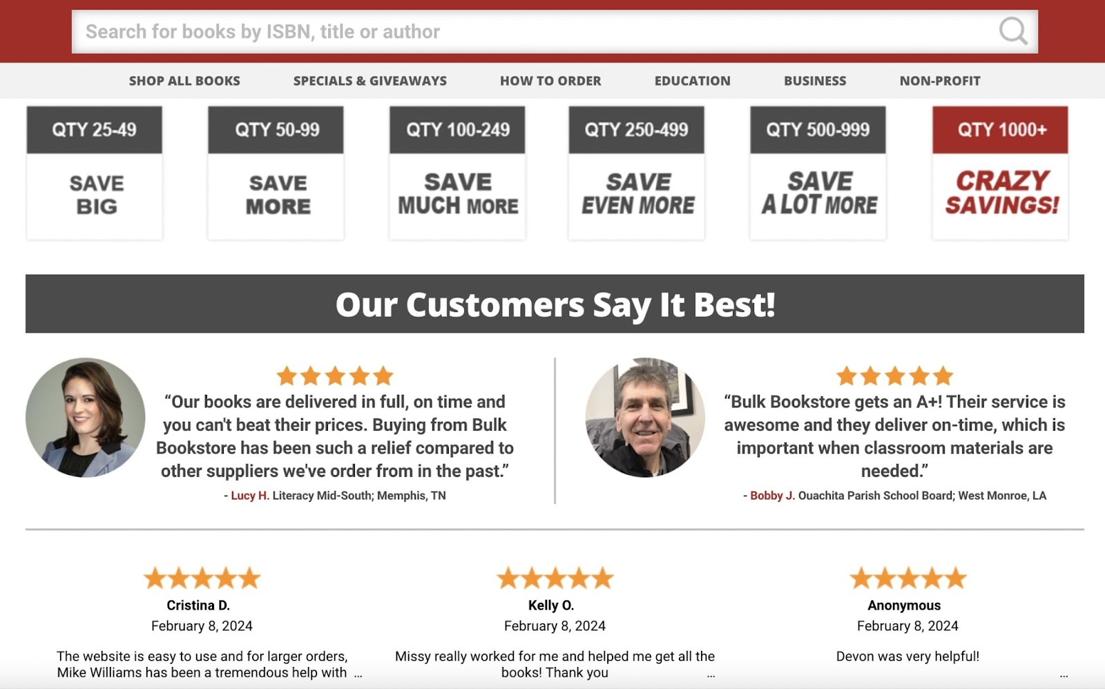 Reviews and recommendations section of Bulk Bookstore's homepage