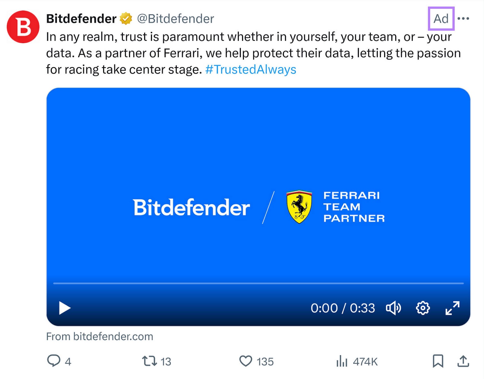 A promoted tweet from cybersecurity company Bitdefender