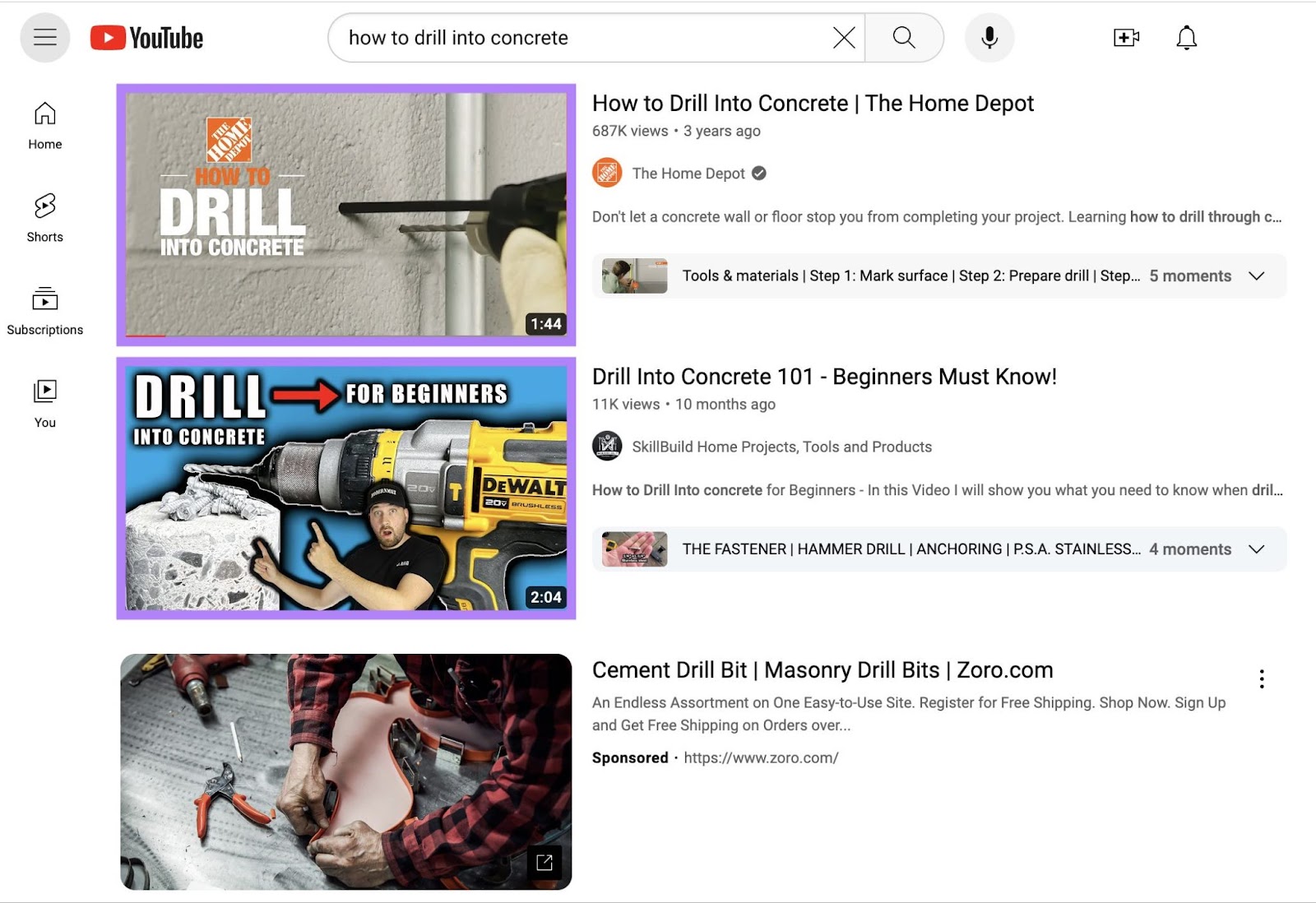 YouTube video thumbnails highlighted in the results for "how to drill into concrete" search