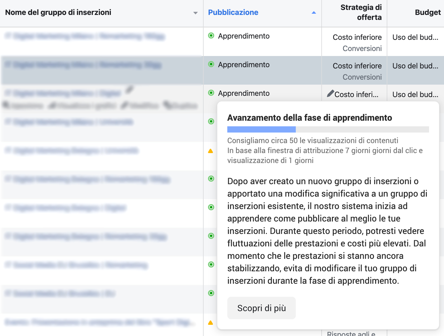 campagne facebook: fase di apprendimento