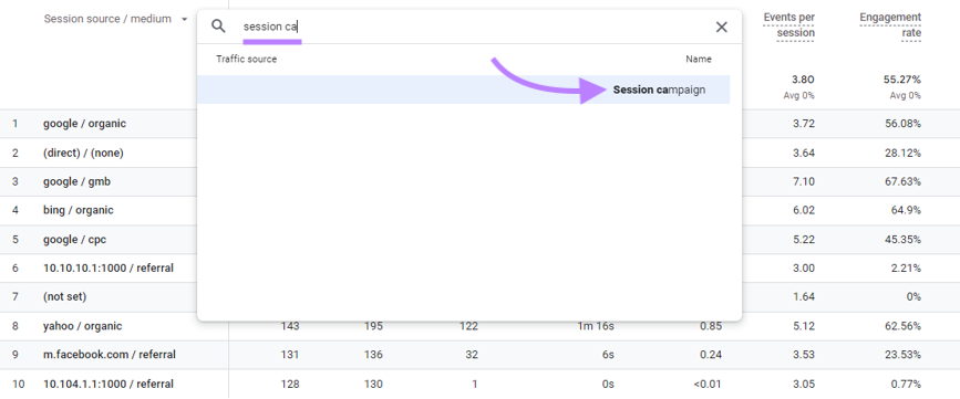 "Campagne de session" dimension sélectionnée dans la boîte de recherche.