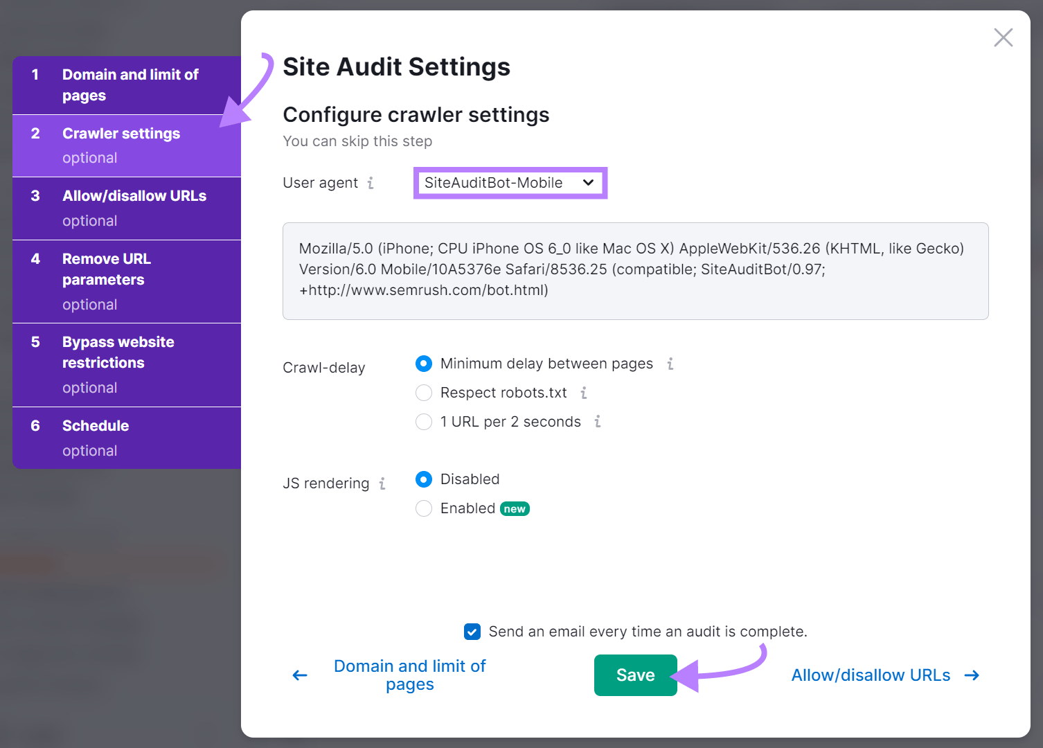 Site Audit settings page showing crawler set to "SiteAuditBot-Mobile"