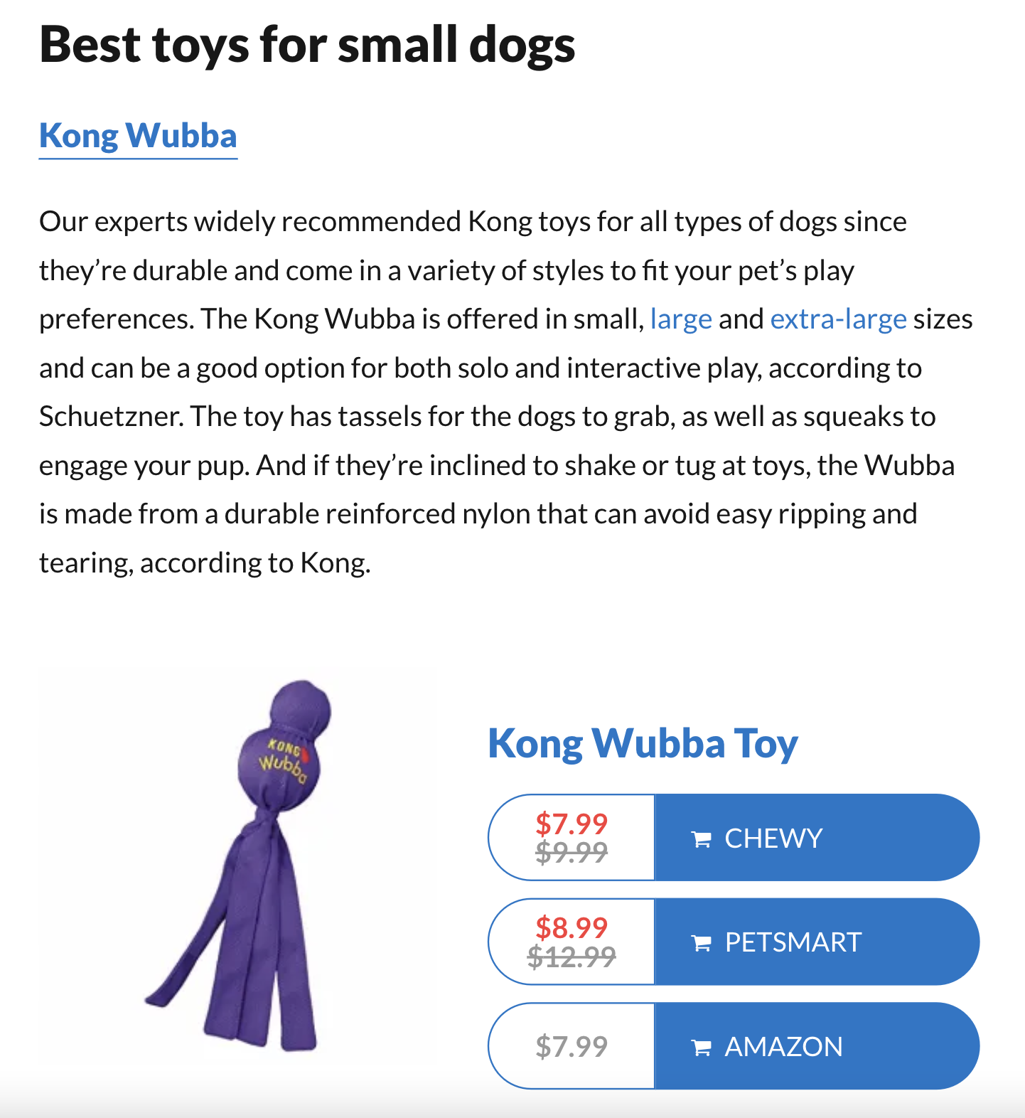 "Best toys for small dogs" section of the article