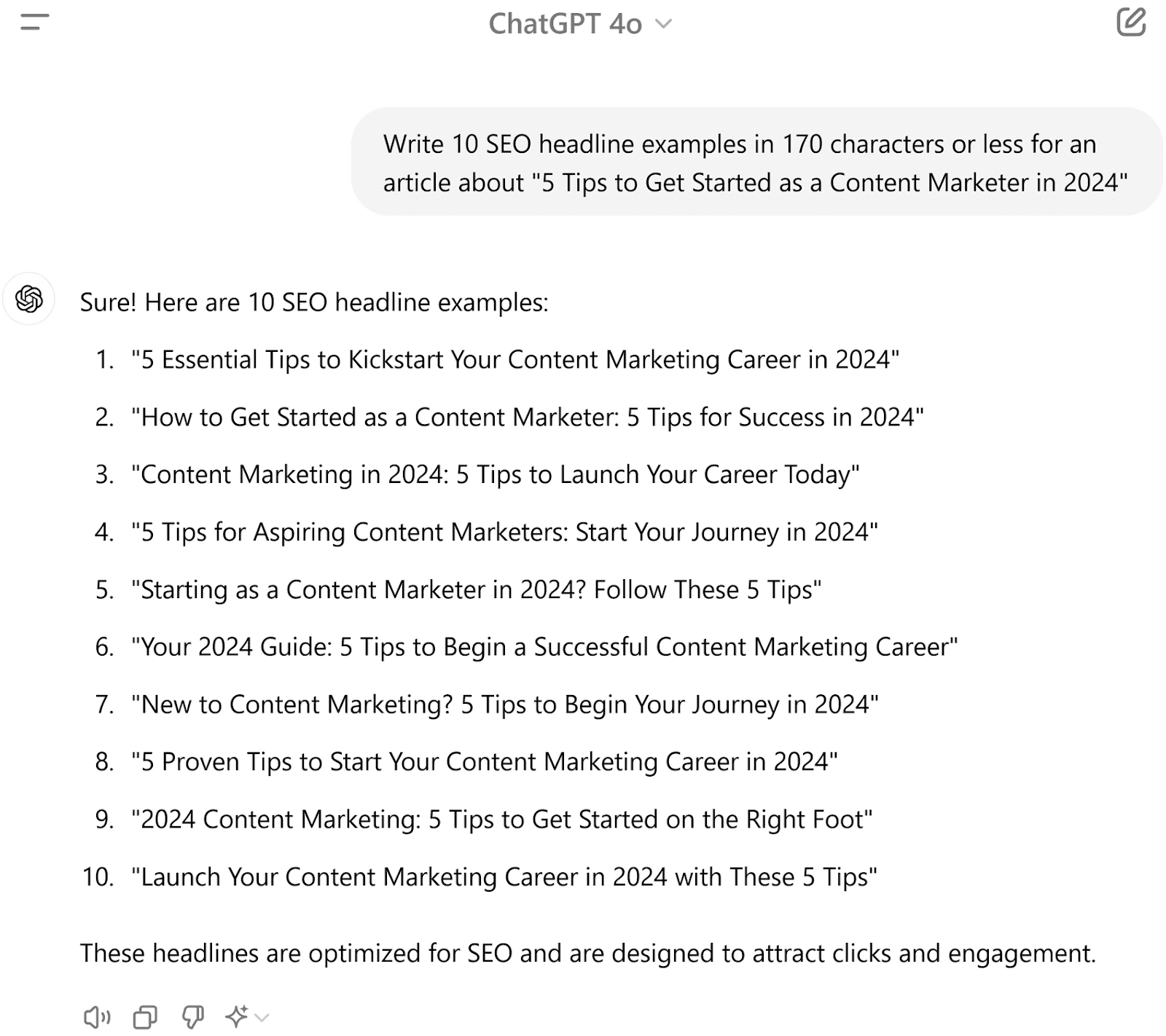 ChatGPT 4o interface displaying a response to a prompt asking for 10 SEO headline examples for an article