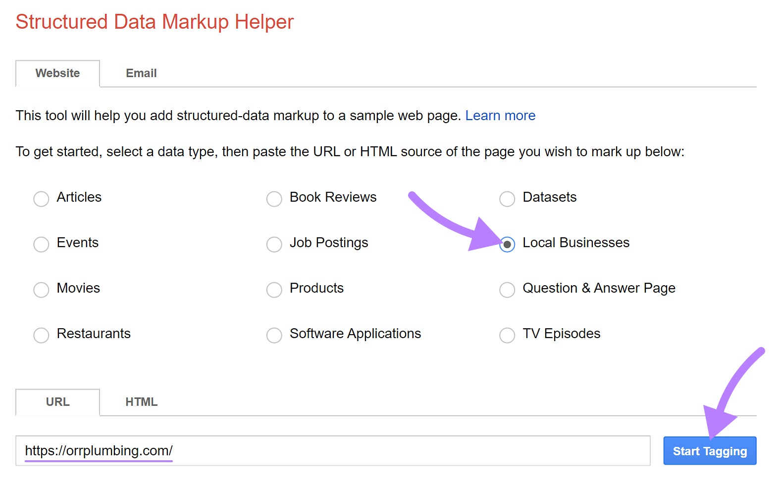 "Local Business" option selected in Structured Data Markup Helper