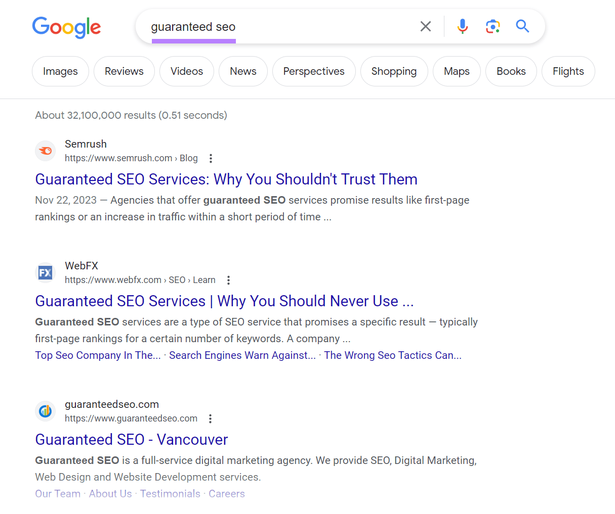 Google's SERP for "guaranteed seo" query shows organic search results at top