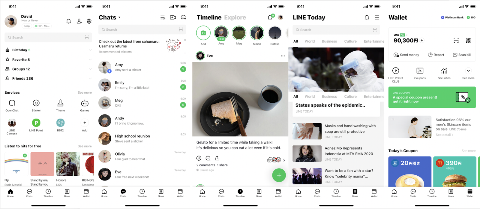 line's idiosyncratic    interface with chat threads, posts connected  a timeline, and a wallet to way   points wrong   the app