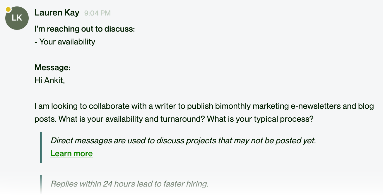 A message proposal sent to a content writer in Upwork