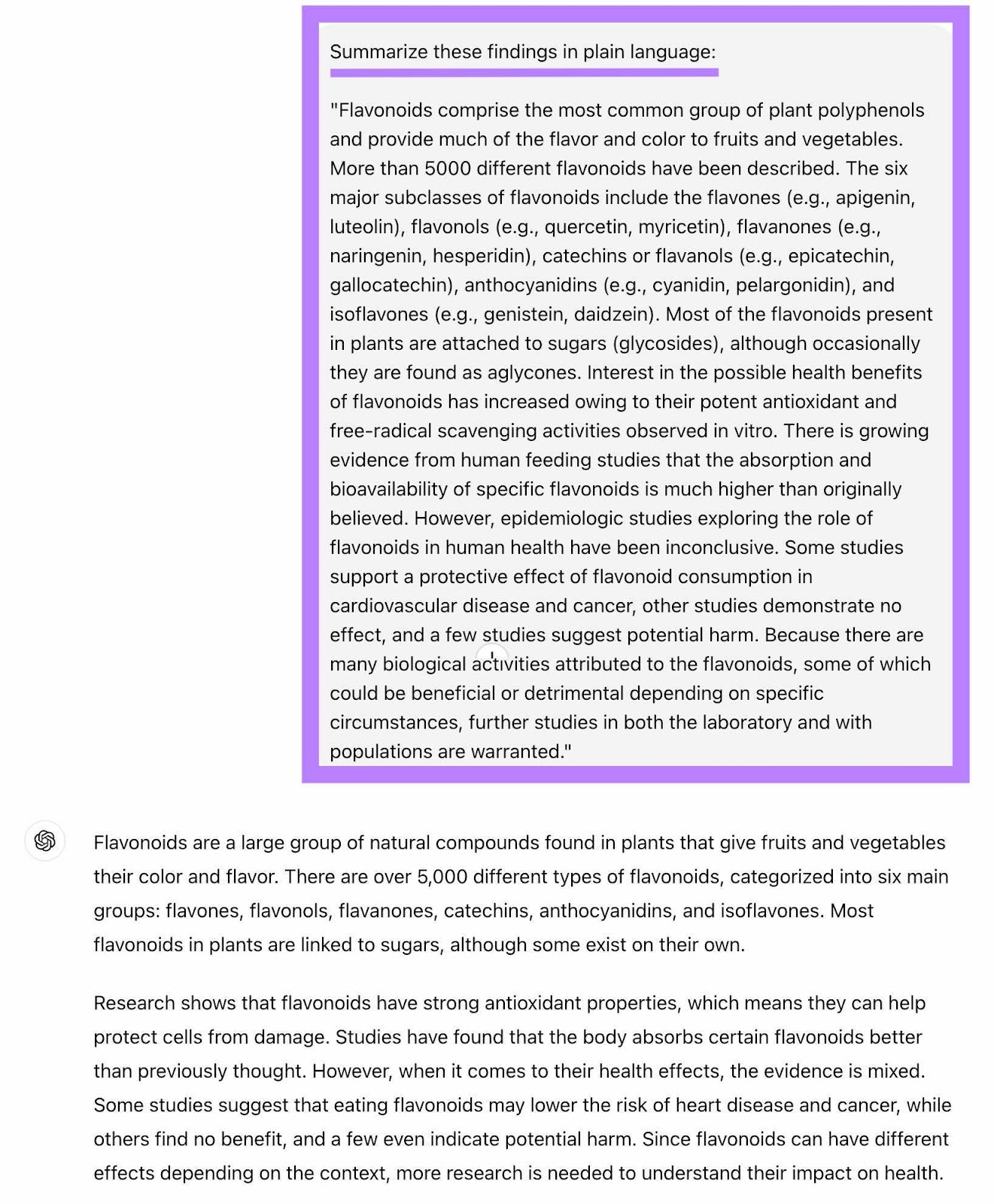 A prompt on ChatGPT to summarize the findings of a study in plain language along with the result generated below.