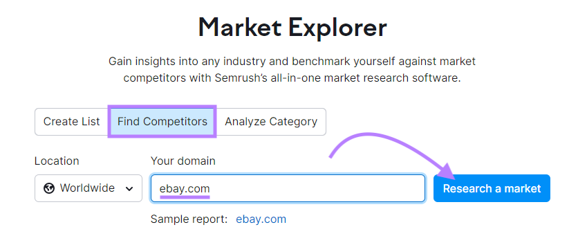 Searching for "ebay.com" in Market Explorer tool