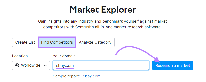 Sear،g for "ebay.com" in Market Explorer tool