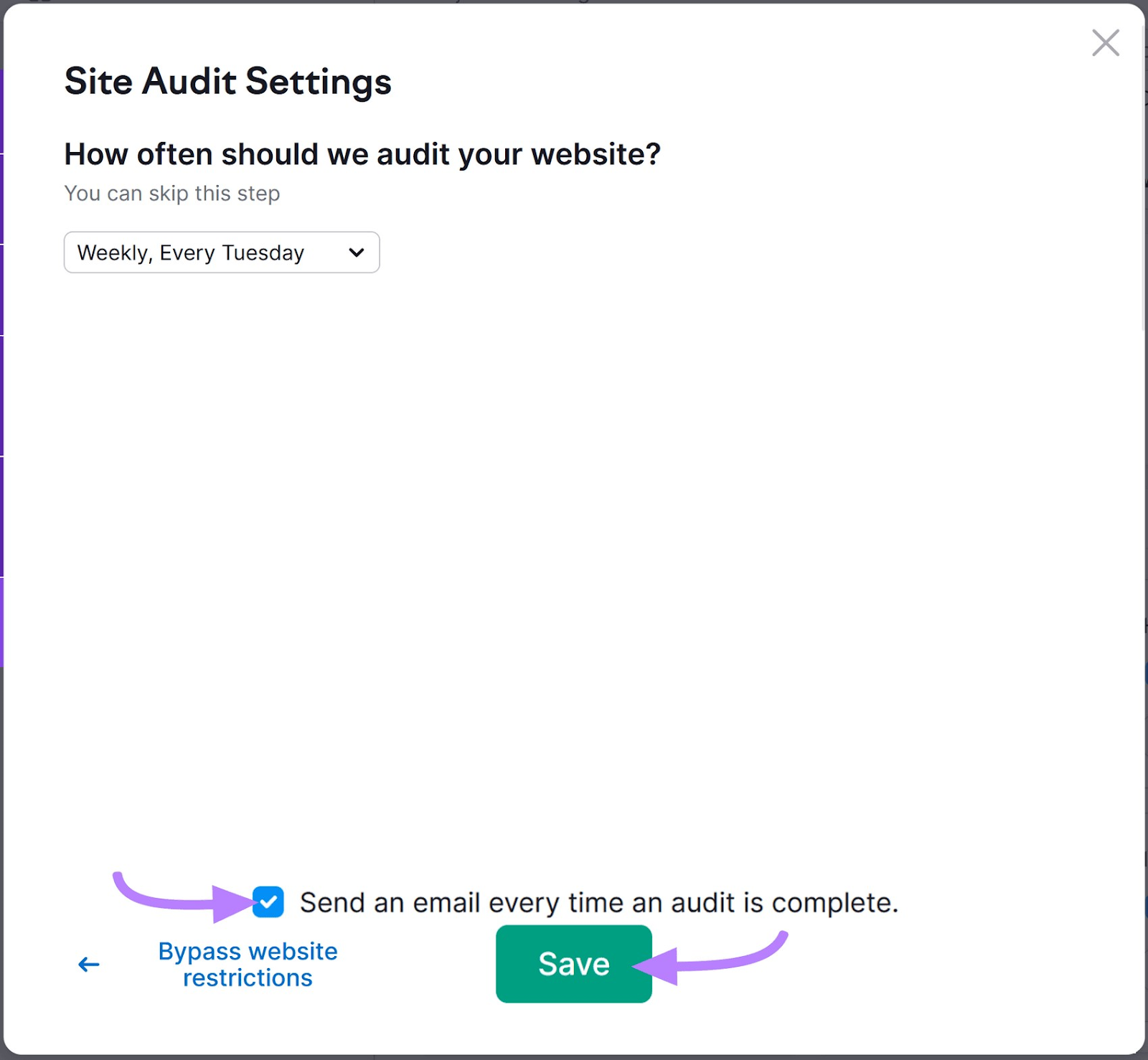 "Save" Site Audit settings