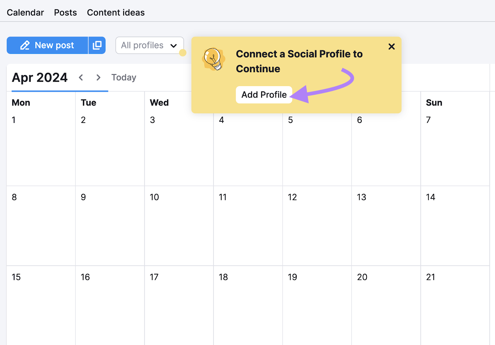 Connecting a profile when using the Social Poster calendar on Semrush