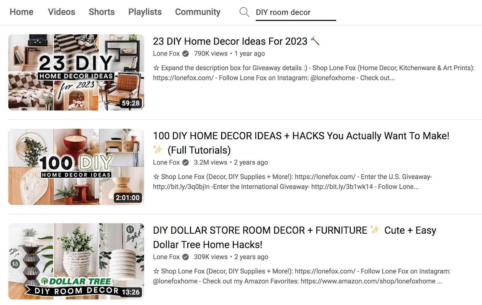 Lone Fox's YouTube videos for "DIY room decor" search
