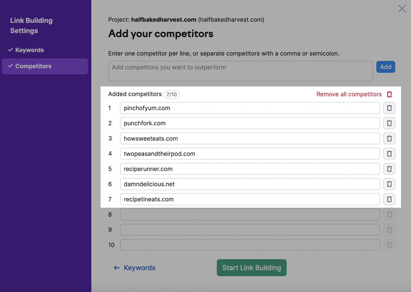 "Add your competitors" box in the Link Building Settings