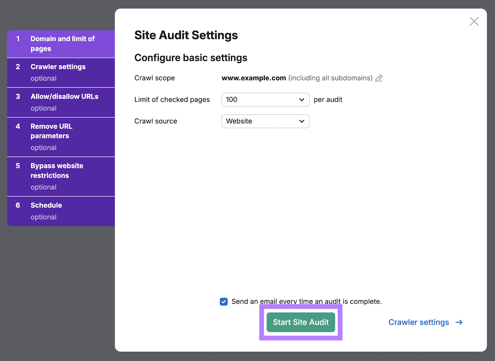 Site Audit setup modal