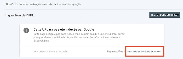 Demander une indexation d'URL dans Google Search Console