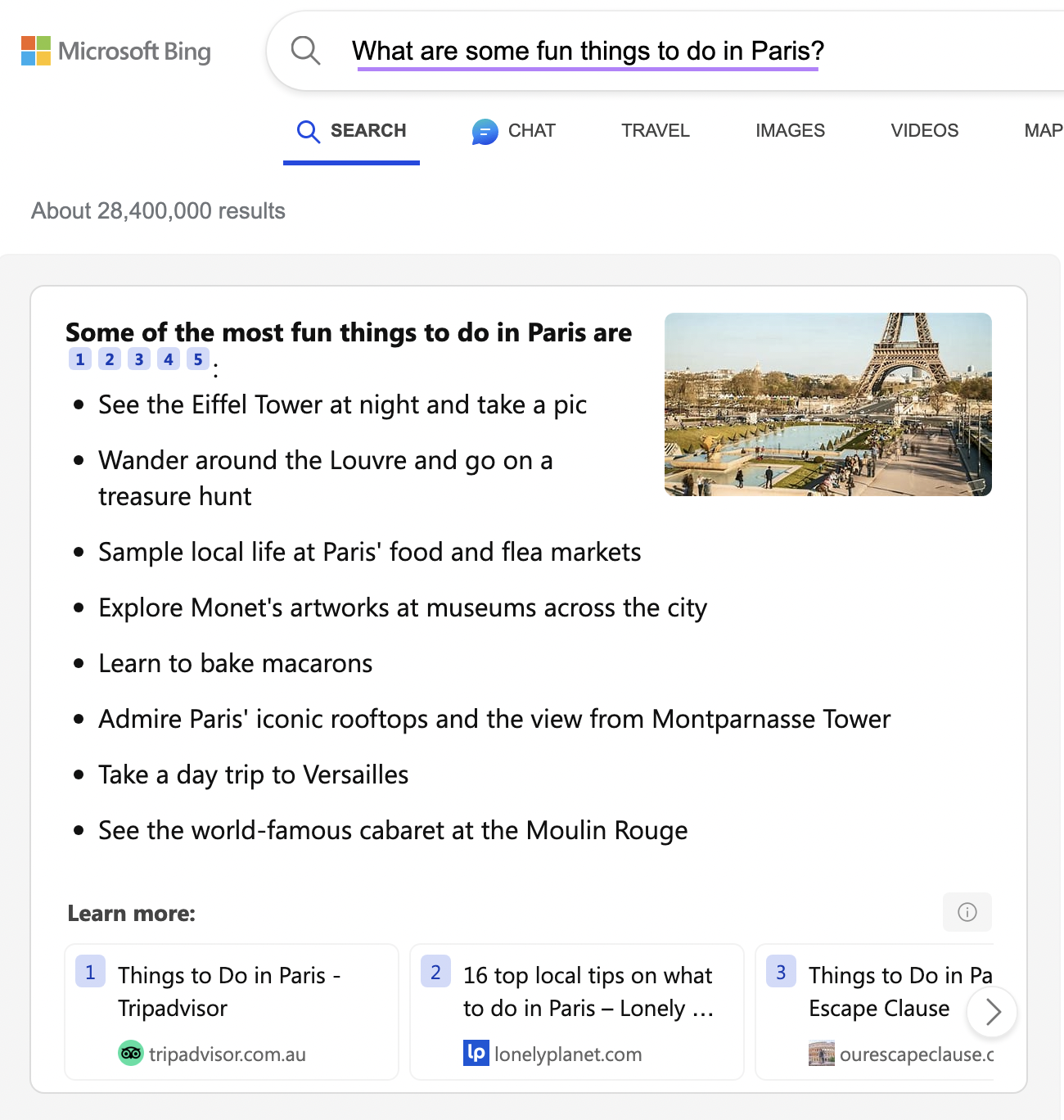 Bing's AI-generated summary for “What are some fun things to do in Paris?” query