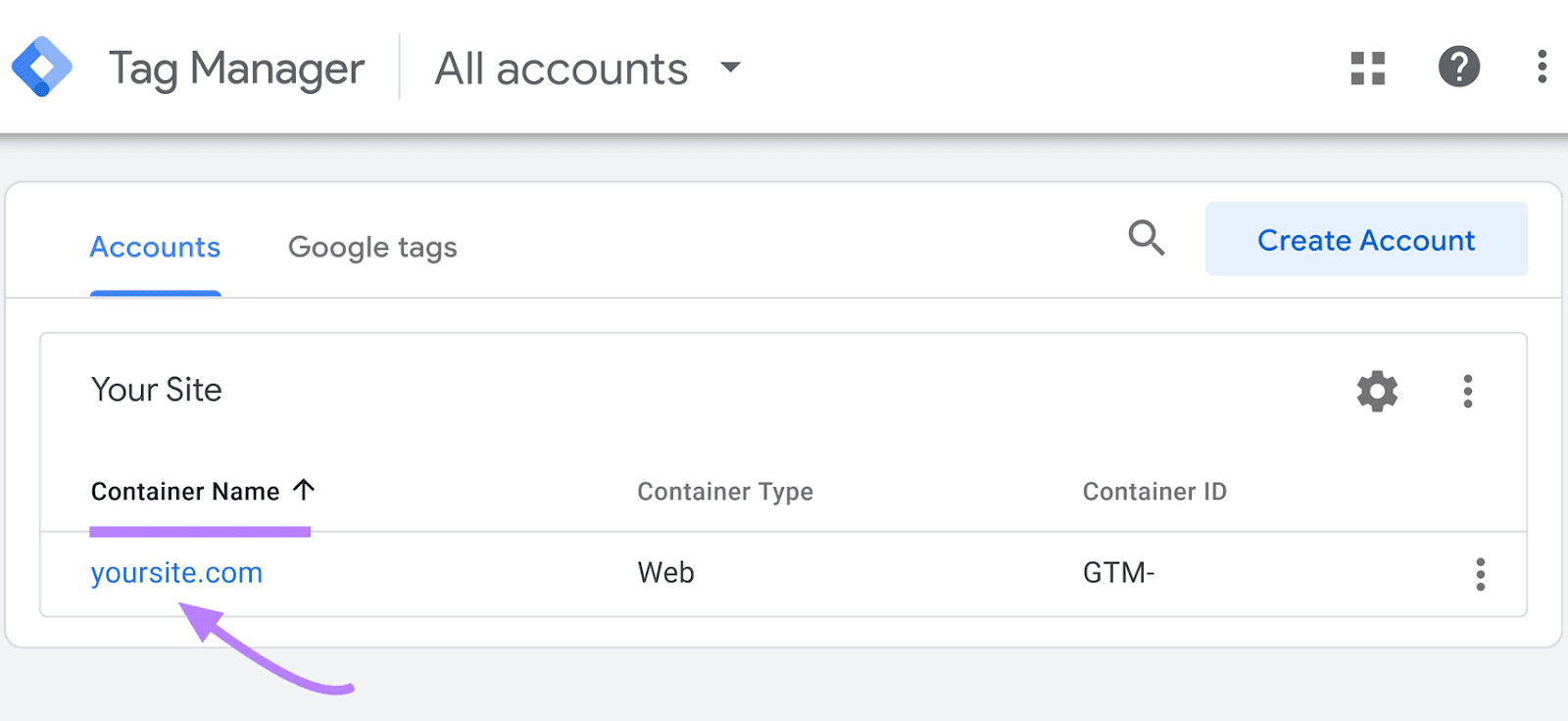"yoursite.com" selected nether  “Container Name” successful  Tag Manager