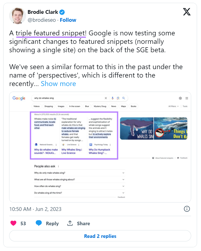 Brodie Clark's post on X talking about triple featured snippet